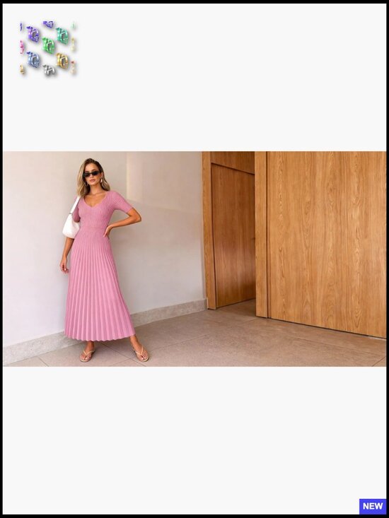 Ribbed Knit Midi Sweater Dress V-Neck A-Line Pleated Summer Casual - Picture 7 of 7